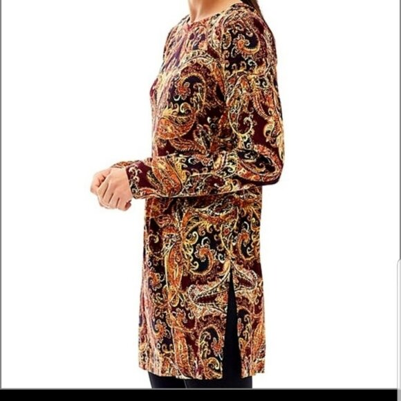 J Jill Soft Boat Neck Tunic Blouse Women Large Orange Black Paisley Long Sleeve - Picture 3 of 9